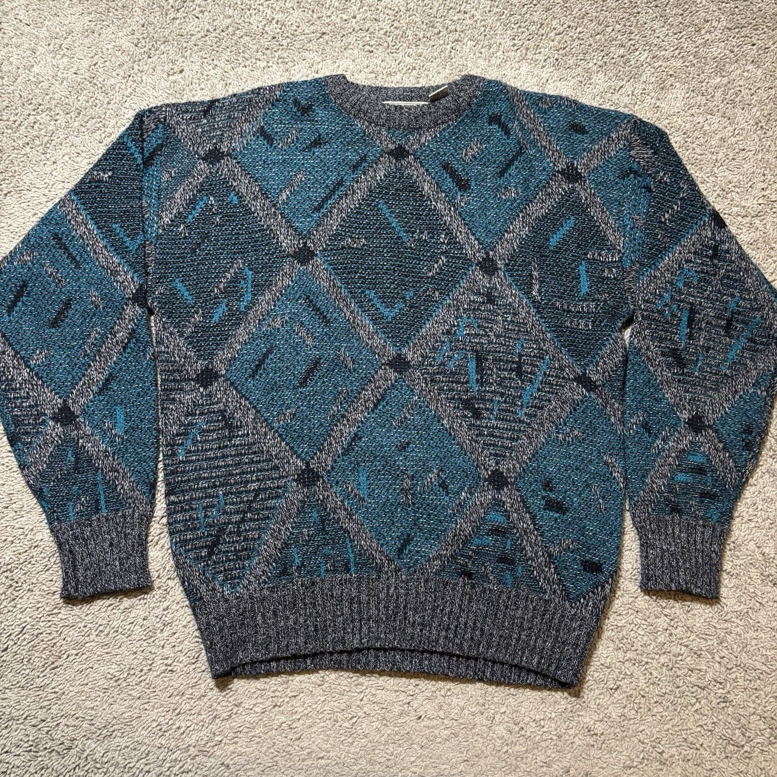 Method Vintage 90s Sweater Mens Xl Blue Gray Geometric Diamond Knit Wool Blend